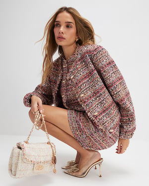 River Island Womens Bomber Jacket Red Boucle Cropped