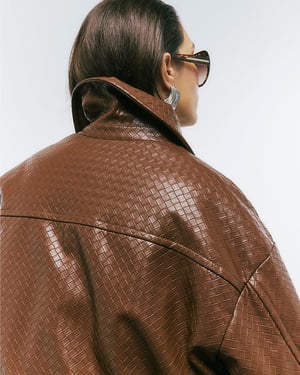 River Island Womens Bomber Jacket Brown Faux Leather Woven