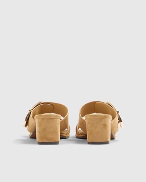 River Island Womens Mule Sandals Beige Faux Suede Double Buckle