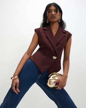 River Island Womens Waistcoat Brown Cap Sleeve Twill