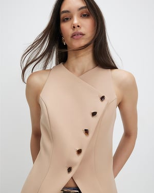 River Island Womens Waistcoat Beige Collarless Asymmetric