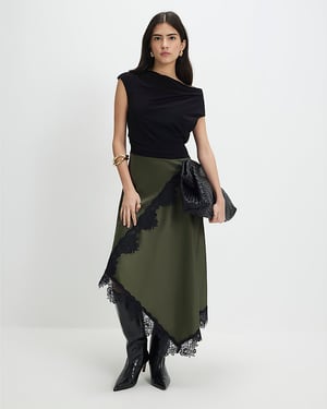 River Island Womens Maxi Dress Petite Khaki Lace Hybrid Drape