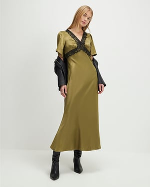 River Island Womens Slip Dress Khaki V-Neck Lace