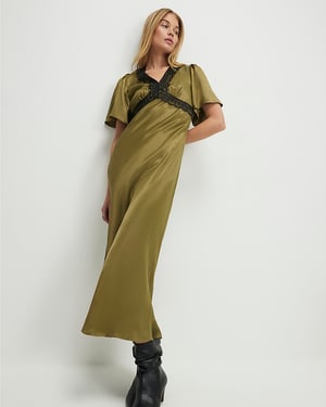 River Island Womens Slip Dress Khaki V-Neck Lace