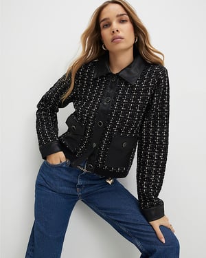 River Island Womens Cardigan Black Boucle Faux Leather Trim