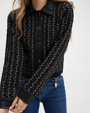 River Island Womens Cardigan Black Boucle Faux Leather Trim