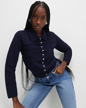 River Island Womens Cardigan Navy Collared Flower Detail