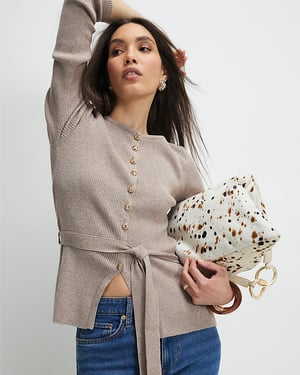 River Island Womens Cardigan Beige Knitted Tie Waist