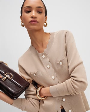 River Island Womens Cardigan Brown Knit Fitted Scallop Trim