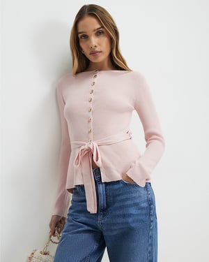 River Island Womens Cardigan Pink Waisted Ribbed