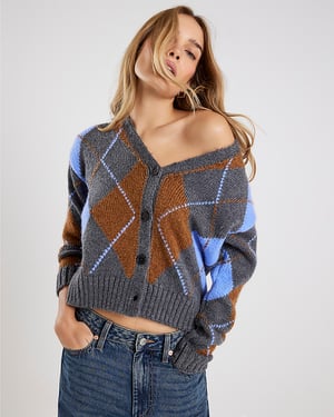 River Island Womens Cardigan Grey Knitted V-neck Argyle Print
