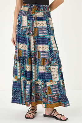 Tile Print Shirred Maxi Skirt