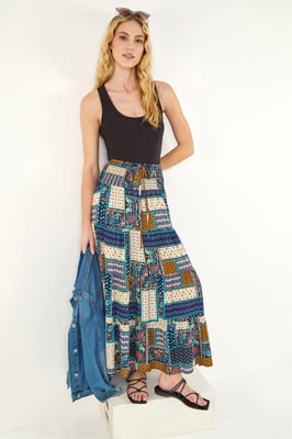 Tile Print Shirred Maxi Skirt