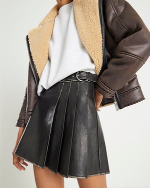 River Island Womens Mini Skirt Black Faux Leather Pleated
