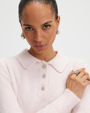 River Island Womens Polo Top Pink Long Sleeve Fluffy