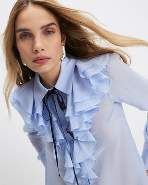 River Island Womens Blouse Blue Ruffle Tie Neck