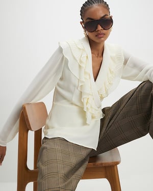 River Island Womens Blouse Cream Long Sleeve Wrap Ruffle