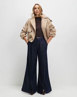 River Island Womens Wide Leg Jeans Blue Belted Split Hem Denim