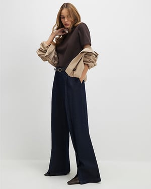 River Island Womens Wide Leg Jeans Blue Belted Split Hem Denim