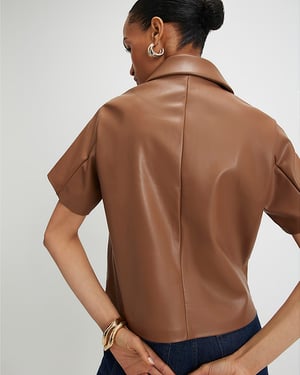 River Island Womens Shirt Brown Faux Leather Short Sleeve Pocket