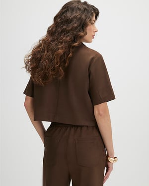 River Island Womens Shirt Brown Faux Suede Short Sleeve