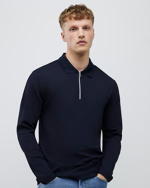 River Island Mens Polo Shirt Navy Slim Fit Textured Zip Neck