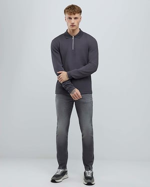 River Island Mens Polo Shirt Grey Slim Fit Textured