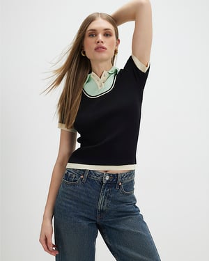 River Island Womens Polo Shirt Navy Ribbed Short Sleeve Layered