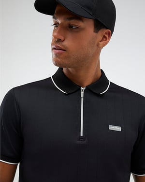 River Island Mens Polo Shirt Black Muscle Fit Les Amis Stripe