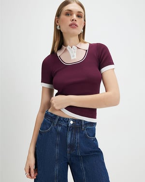 River Island Womens Polo Shirt Red Ribbed Short Sleeve Layered