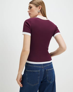 River Island Womens Polo Shirt Red Ribbed Short Sleeve Layered