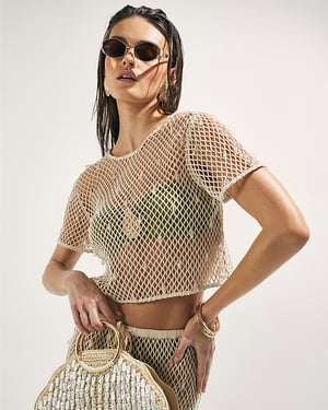 River Island Womens Top Cream Crochet Short Sleeve Embellished