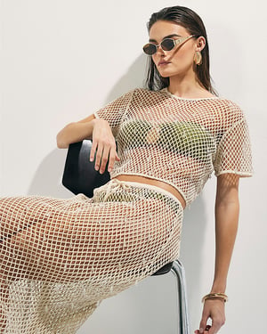 River Island Womens Top Cream Crochet Short Sleeve Embellished