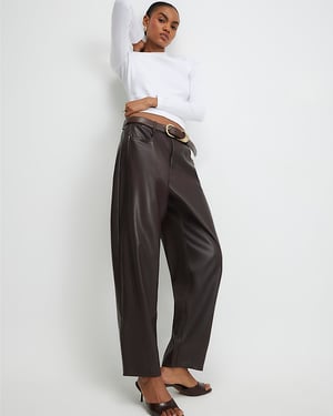 River Island Womens Trousers Brown Faux Leather Barrel Leg