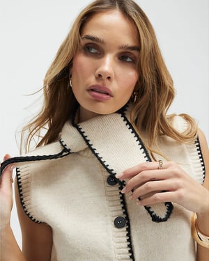 River Island Womens Waistcoat Cream Knitted Tie Neck