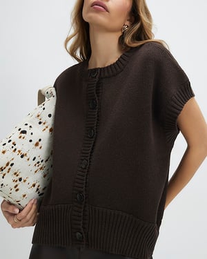 River Island Womens Tank Top Brown Knitted Sleeveless Ribbed Hem