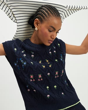 River Island Womens Tank Top Navy Floral Embroidered Knit