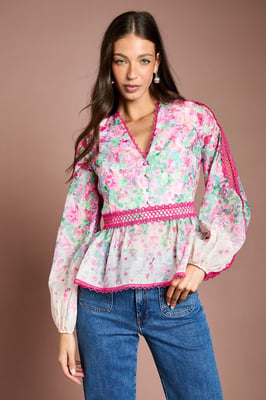 Printed Blouson Sleeve Organza Top