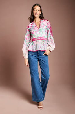 Printed Blouson Sleeve Organza Top