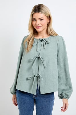 Tie Front Blouson Sleeve Blouse