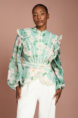 Printed Long Sleeve Frill Organza Blouse