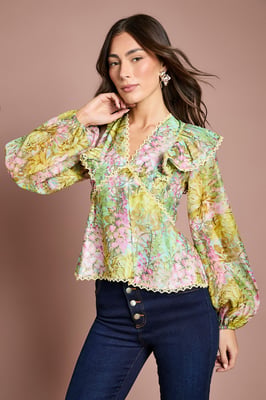 Lace Trim V Neck Organza Blouse