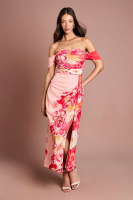 Off The Shoulder Floral Print Drape Chiffon Dress