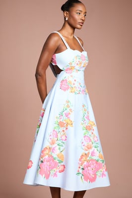 Square Neck Floral Placement Print Full Skirted Cotton Dress