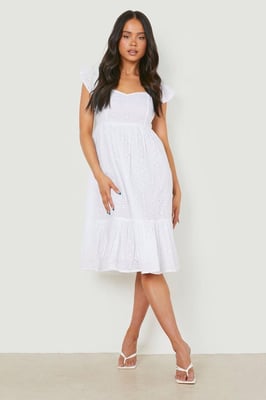 Petite Broderie Puff Sleeve Bardot Midi Dress
