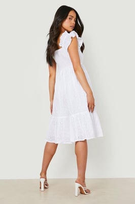 Petite Broderie Puff Sleeve Bardot Midi Dress