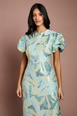 Petite Metallic Jacquard Puff Sleeve Pencil Dress