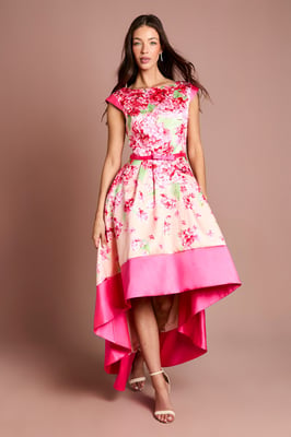 Twill Hi-Lo Floral Printed Midi Dress