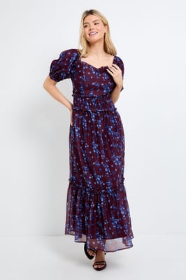 DP Luxe Chocolate Floral Ditsy Printed Organza Frill Detail Puff Sleeve Maxi Dress