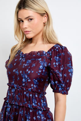 DP Luxe Chocolate Floral Ditsy Printed Organza Frill Detail Puff Sleeve Maxi Dress